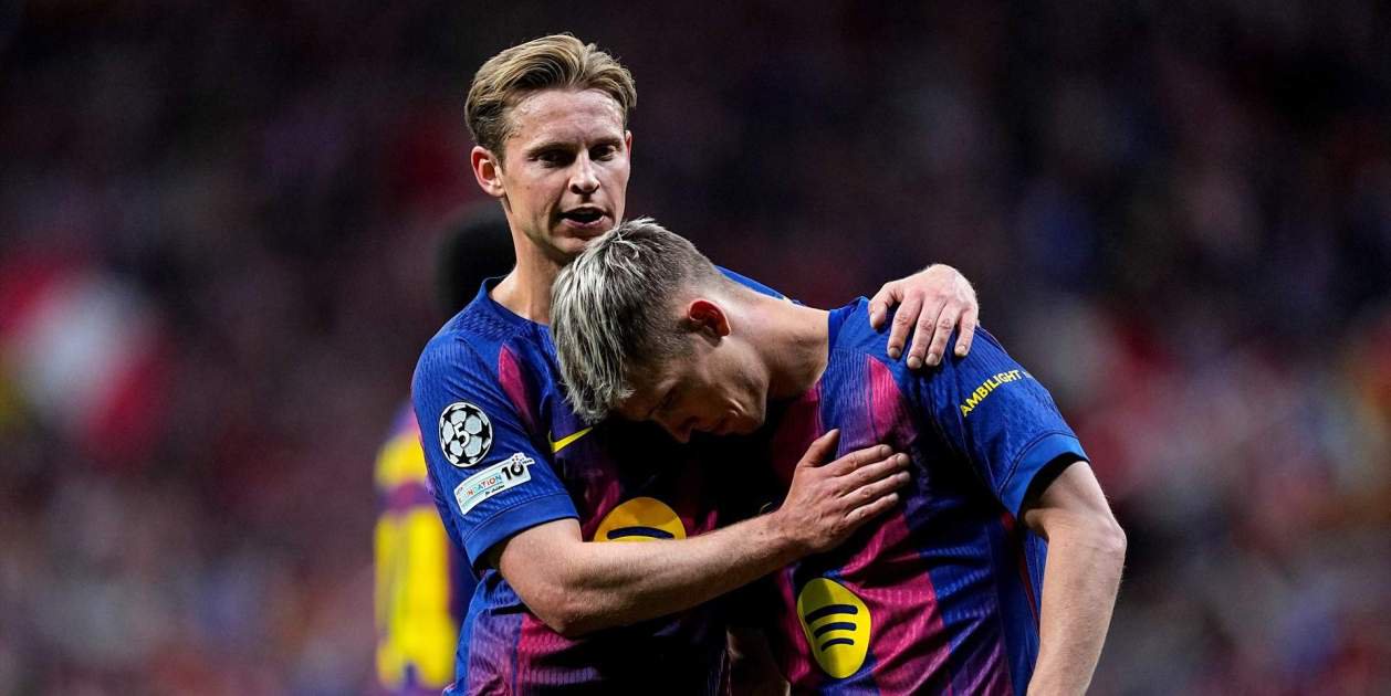 Europapress frenkie jong and dani olmo of fc barcelona laments during the uefa