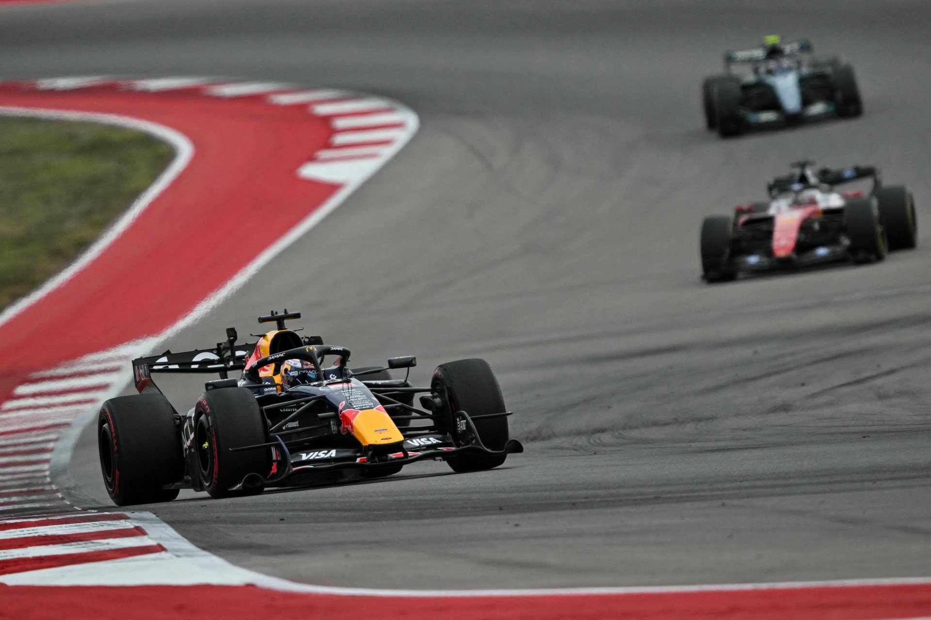 Red Bull's Max Verstappen leads Ferrari's Charles Leclerc and Mercedes' Kimi Antonelli during Sunday's US Grand Prix