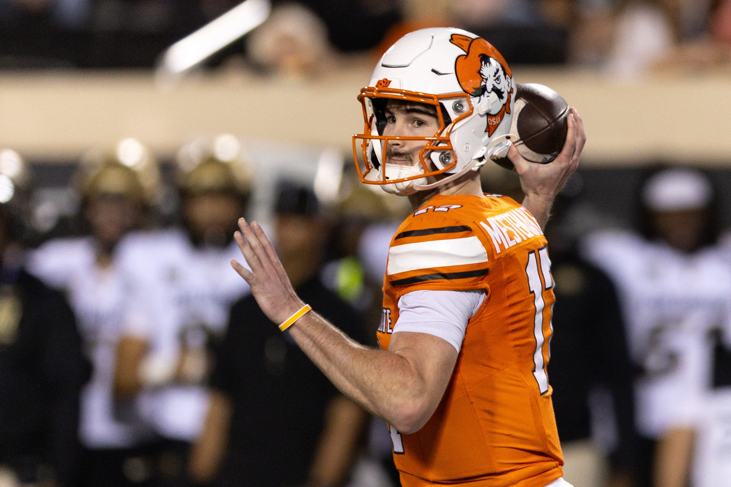 Oct 24, 2026; Stillwater, Oklahoma, USA;  Oklahoma State Cowboys quarterback Drew Mestemaker (17) looks to pass during the first half against the Colorado Buffaloes at Boone Pickens Stadium.  Mandatory Credit: William Purnell-Imagn Images