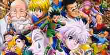 Several characters from Hunter x Hunter gathered in front of gold streaked background