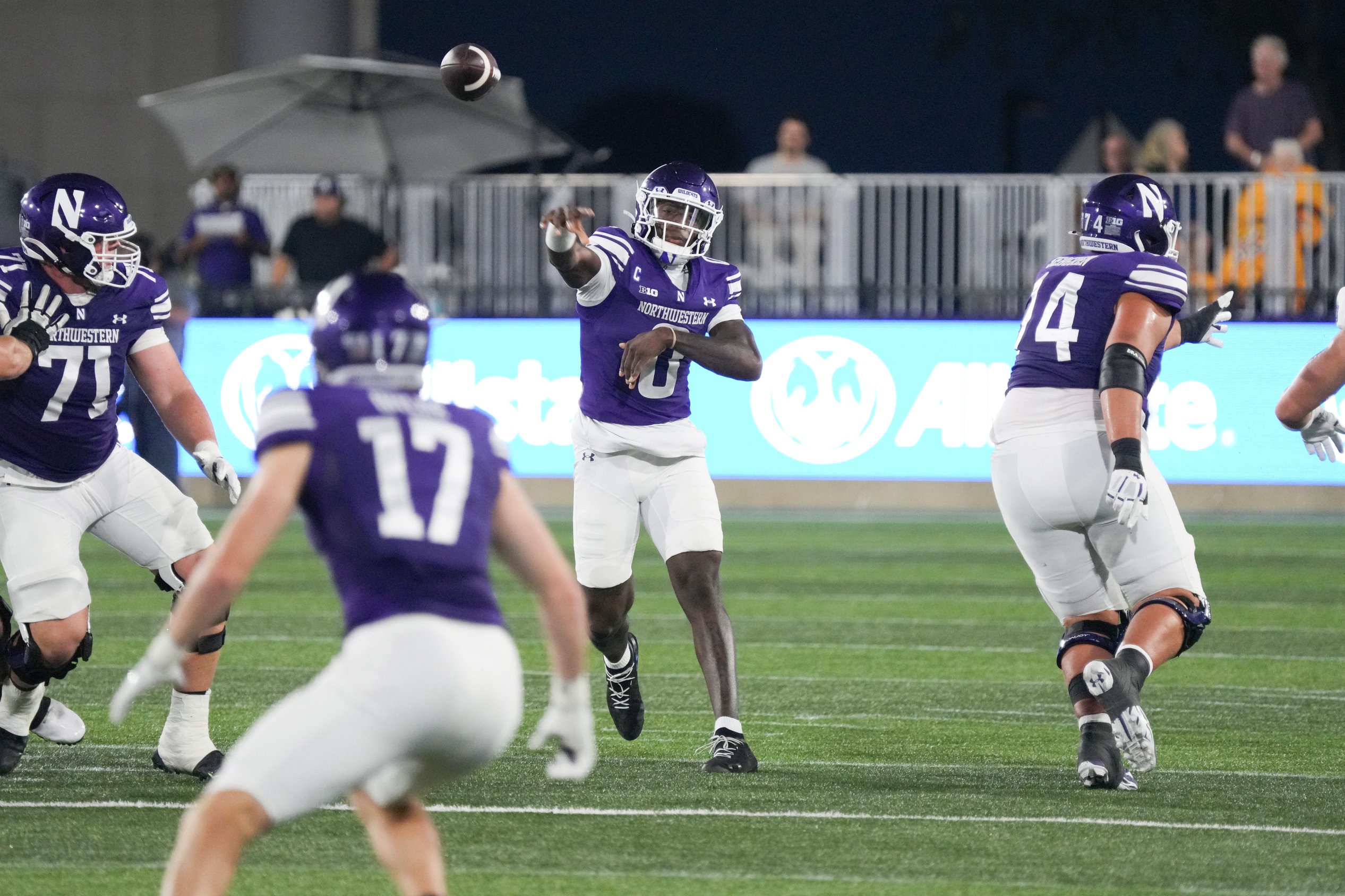 Sep 5, 2026; Evanston, Illinois, USA;  Northwestern Wildcats quarterback Aidan Chiles (0) throws a pass intended for wide receiver Griffin Wilde (17) during the first half against the South Dakota State Jackrabbits at Northwestern Medicine Field at Martin Stadium.  Mandatory Credit: David Banks-Imagn Images