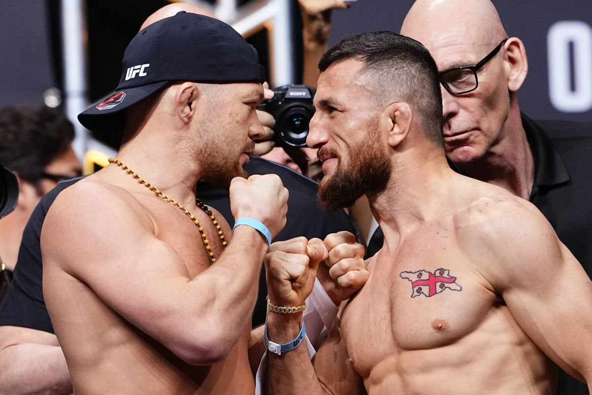 ABU DHABI, UNITED ARAB EMIRATES - OCTOBER 23: (L-R) Opponents Petr Yan of Russia and Merab Dvalishvili of Georgia face off during the UFC 333 ceremonial weigh-in at Etihad Arena on October 23, 2026 in Abu Dhabi, United Arab Emirates. (Photo by Jeff Bottari/Zuffa LLC)