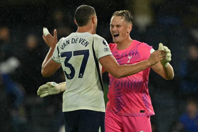 Tottenham Hotspur's Dutch defender #37 Micky van de Ven (L) and Tottenham Hotspur's Czech goalkeeper #31 Antonin Kinsky (R) celebrate on the pitch after the English Premier League football match between Chelsea and Tottenham Hotspur at Stamford Bridge in London on October 24, 2026. Tottenham won the game 2-0. (Photo by Glyn KIRK / AFP via Getty Images) / RESTRICTED TO EDITORIAL USE. No use with unauthorized audio, video, data, fixture lists, club/league logos or 'live' services. Online in-match use limited to 120 images. An additional 40 images may be used in extra time. No video emulation. Social media in-match use limited to 120 images. An additional 40 images may be used in extra time. No use in betting publications, games or single club/league/player publications. /