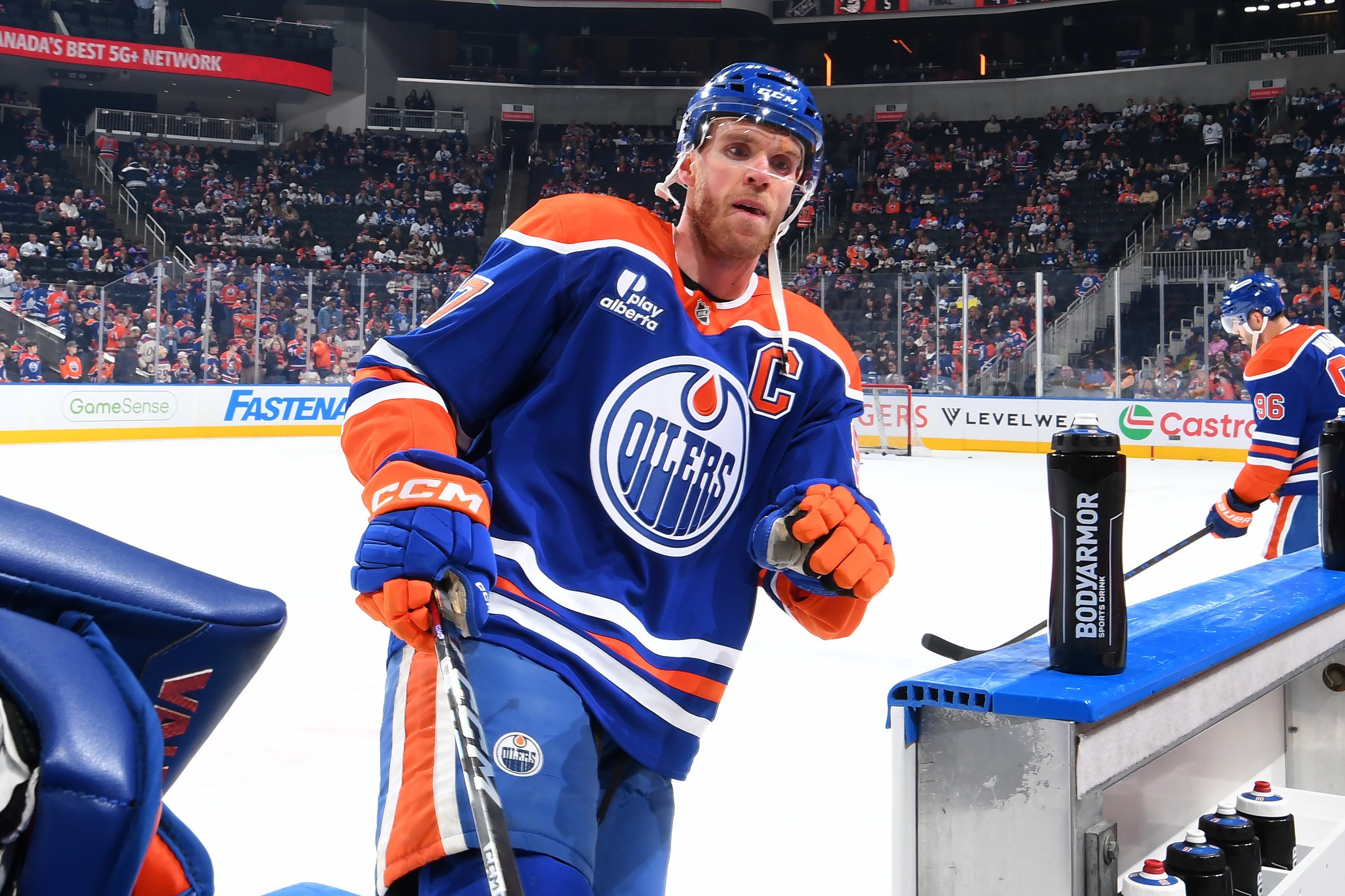 EDMONTON, CANADA - OCTOBER 24: Connor McDavid #97 of the Edmonton Oilers leaves the ice surface after warmups prior to the game against the Toronto Maple Leafs at Rogers Place on October 24, 2026, in Edmonton, Alberta, Canada. (Photo by Andy Devlin/NHLI via Getty Images)