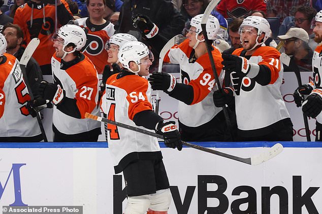 Philadelphia Flyers Cole Knuble (54) celebrates his goal during the first period of an NHL hockey game against the Buffalo Sabres Wednesday, Oct. 21, 2026, in Buffalo, N.Y. (AP Photo/Jeffrey T. Barnes)