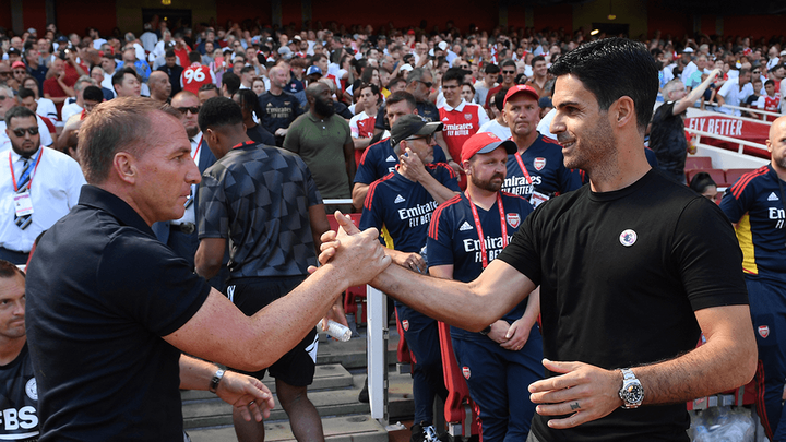 Brendan Rodgers shakes hands with Mikel Arteta