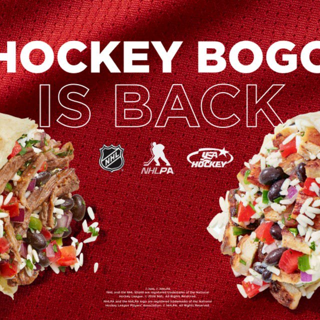 Promotional graphic featuring burritos and sports branding.