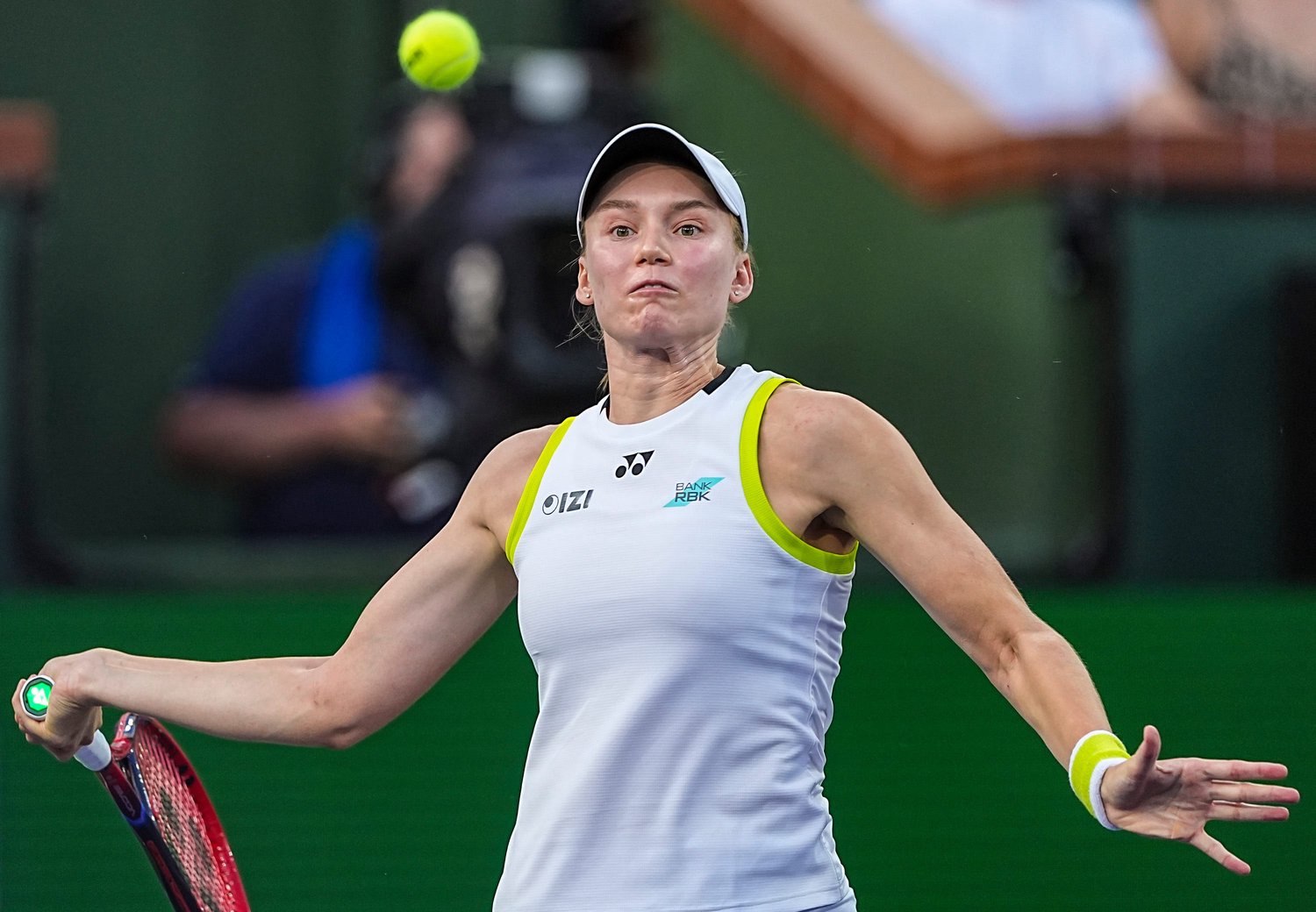 Elena Rybakina hits back to Elina Svitolina during their semifinal match at the BNP Paribas Open in Indian Wells, Calif., Friday, March 13, 2026.