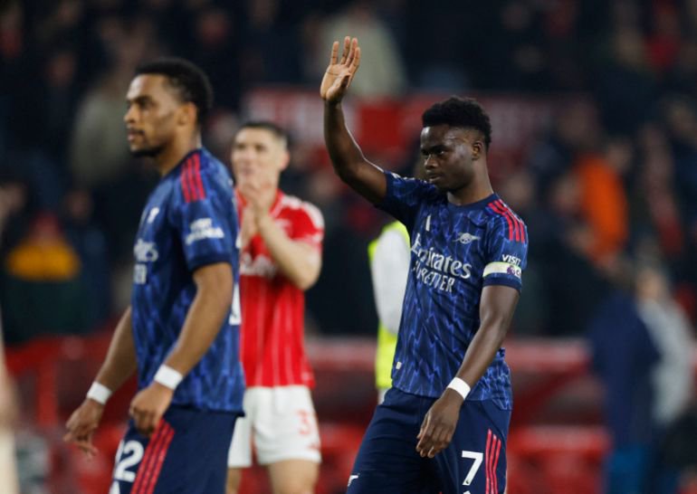 Soccer Football - Premier League - Nottingham Forest v Arsenal - The City Ground, Nottingham, Britain - January 17, 2026 Arsenal's Bukayo Saka after the match Action Images via Reuters/Peter Cziborra EDITORIAL USE ONLY. NO USE WITH UNAUTHORIZED AUDIO, VIDEO, DATA, FIXTURE LISTS, CLUB/LEAGUE LOGOS OR 'LIVE' SERVICES. ONLINE IN-MATCH USE LIMITED TO 120 IMAGES, NO VIDEO EMULATION. NO USE IN BETTING, GAMES OR SINGLE CLUB/LEAGUE/PLAYER PUBLICATIONS. PLEASE CONTACT YOUR ACCOUNT REPRESENTATIVE FOR FURTHER DETAILS..