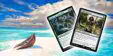 A lonely sandbar featuring the magic cards grunn the lonely king and noble hierarch