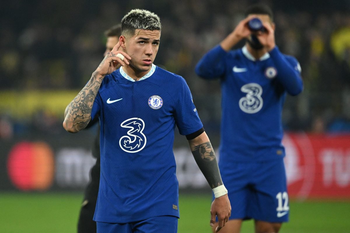 Chelsea's Argentinian midfielder Enzo Fernandez reacts after the UEFA Champions League, first-leg, round of 16 football match BVB Borussia Dortmund vs Chelsea FC, in Dortmund, western Germany, on February 15, 2023. (Photo by INA FASSBENDER / AFP) (Photo by INA FASSBENDER/AFP via Getty Images)