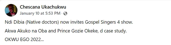 Gospel singer Gozie Okeke called out for playing at an event he was allegedly invited to by a native doctor