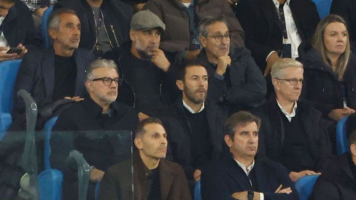 Chairman of Manchester City Khaldoon Al Mubarak, CEO of the City Football Group Ferran Soriano and Pep Guardiola in the stands