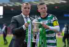 Celtic captain Callum McGregor and manager Brendan Rodgers with the trophy after the Scottish Gas Mens Scottish Cup Final between Celtic and Ranger...
