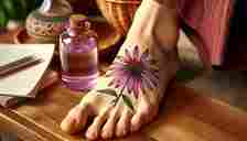 Woman with a purple flower foot tattoo