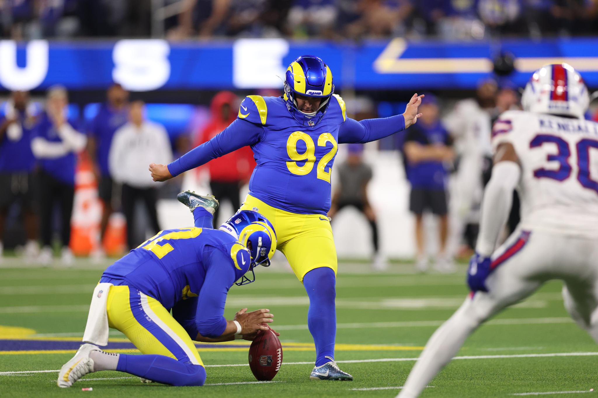 Los Angeles Rams placekicker Harrison Mevis attempts a field goal against the Buffalo Bills.