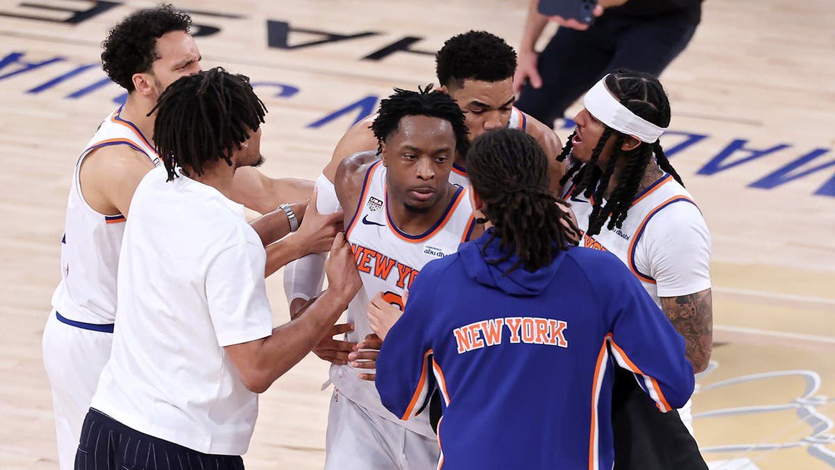 OG Anunoby celebrates after scoring the go-ahead basket for the New York Knicks.
