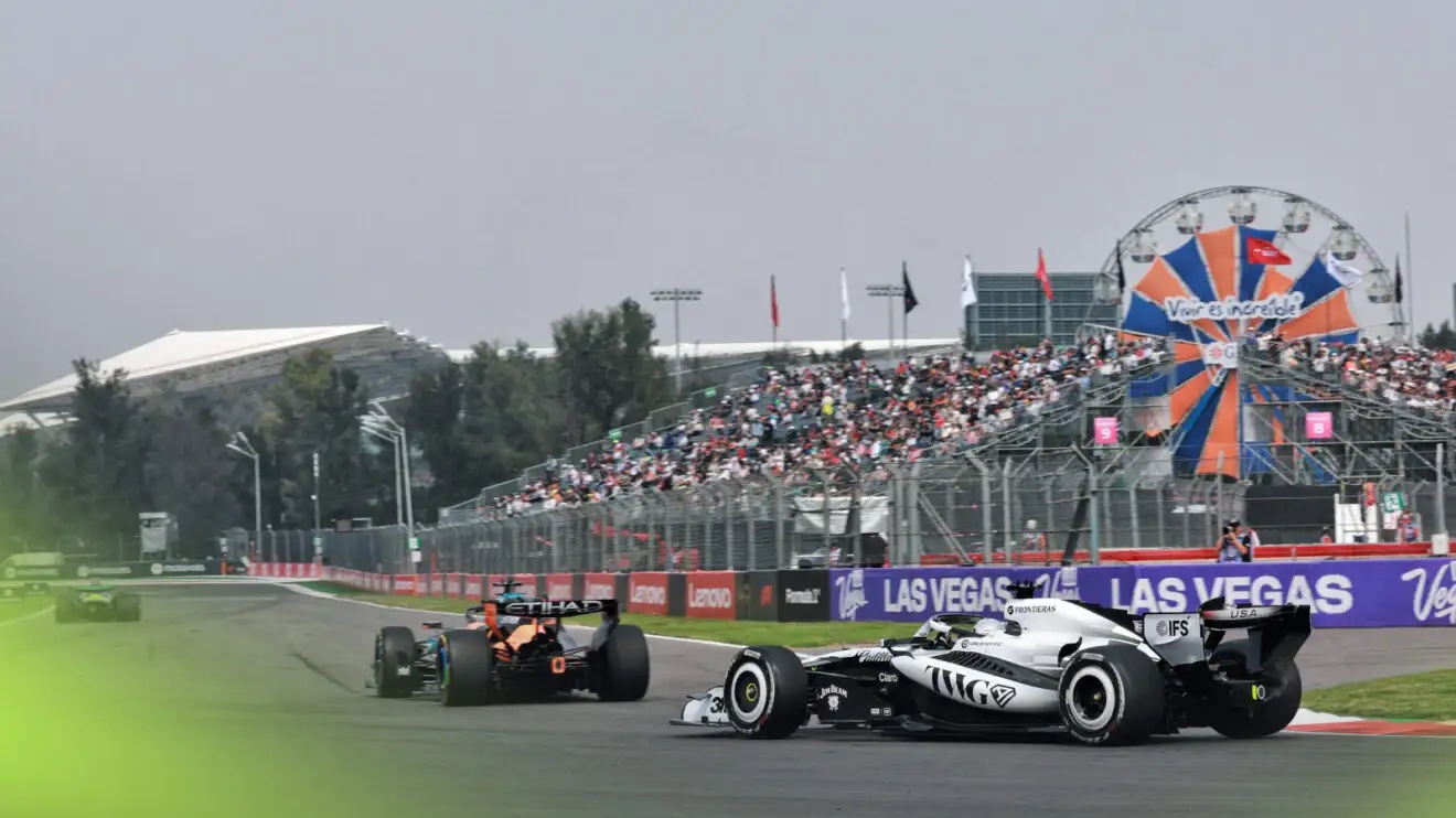A Cadillac and McLaren on track at the Mexico City GP.