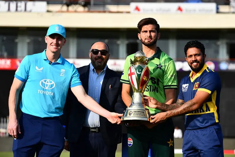 Shaheen Shah Afridi, Kusal Mendis and Harry Brook poses for a picture with the trophy ahead of the One Day International Tri-Series between Pakistan, England and Sri Lanka