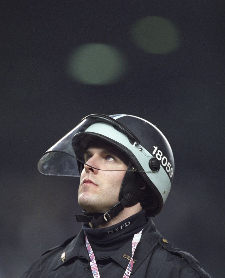 A New York police officer stands guard during Game 5.