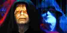 Emperor Palpatine looking out from under his hood with Sith eyes to the left and Emperor Palpatine as a hologram to the right in a combined image