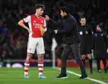 Arsenal manager Mikel Arteta with Kieran Tierney during the Premier League match between Arsenal and Wolverhampton Wanderers at Emirates Stadium