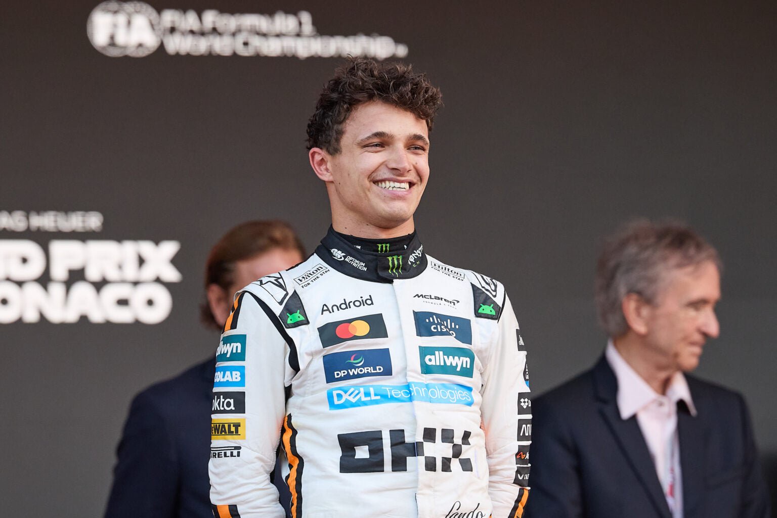 Lando Norris of McLaren smiles on the Monaco Grand Prix podium