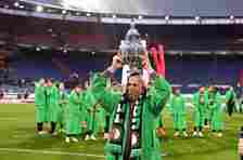 Feyenoord coach Arne Slot with the TOTO KNVB Cup after the TOTO KNVB Cup final match between Feyenoord and NEC Nijmegen in Feyenoord Stadium de Kuip on April 21, 2024 in Rotterdam, the Netherlands.