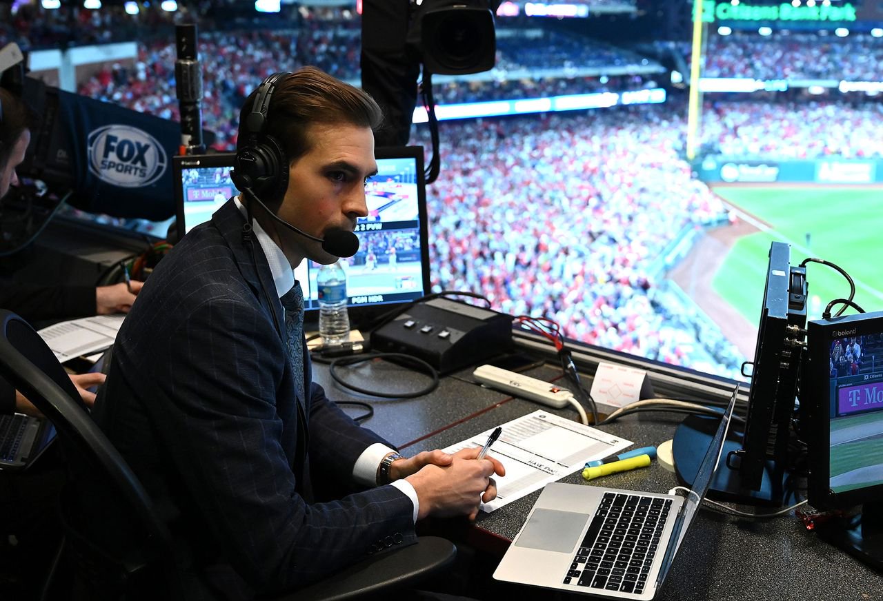 Joe Davis in the booth for the 2022 World Series.Credit: Frank Micelotta/PictureGroup for Fox