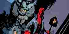 Hellboy holds a shovel with a cross on it as the Crooked Man looms over a church in The Hellboy Comics