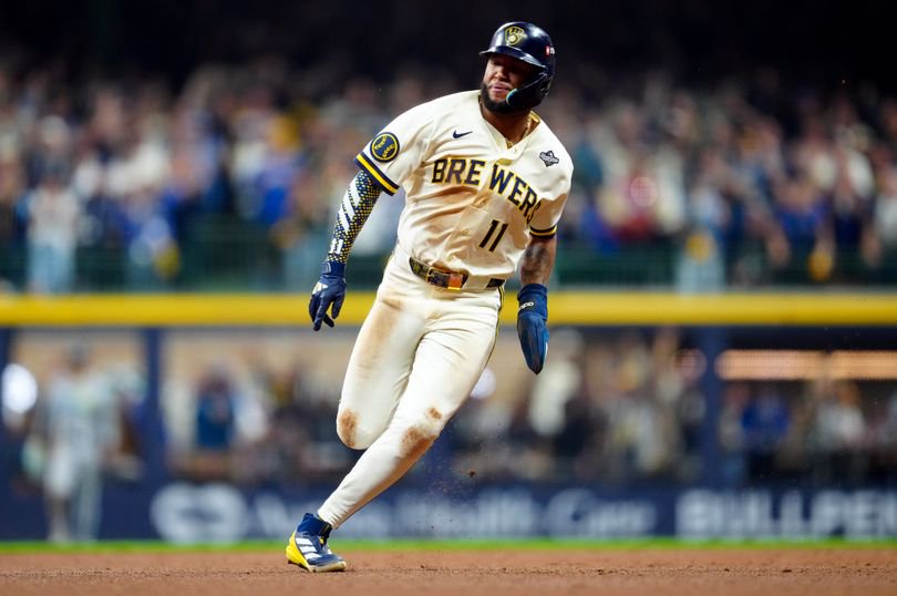 Jackson Chourio #11 of the Milwaukee Brewers runs the bases during Game One