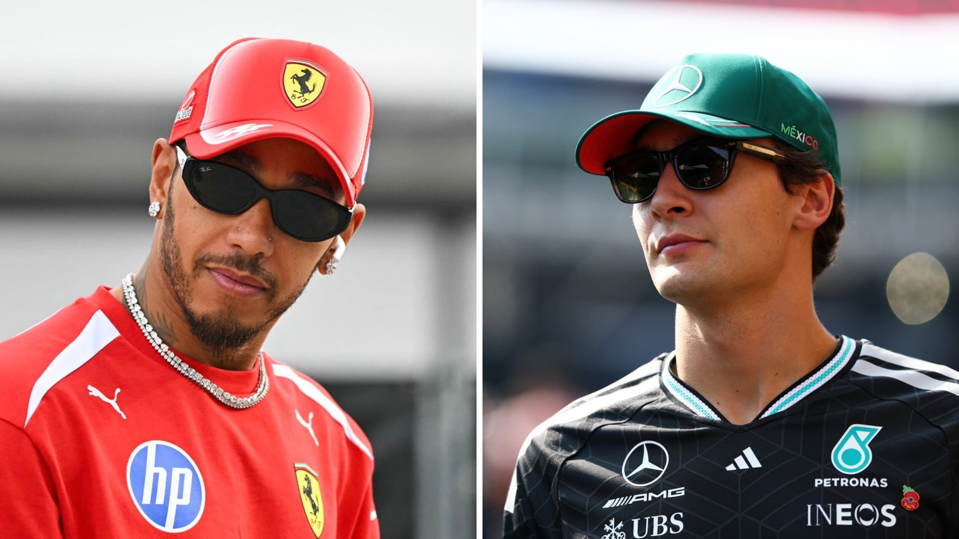 A split image of Ferrari driver Lewis Hamilton (L) and Mercedes driver George Russell (R) in the Formula 1 paddock