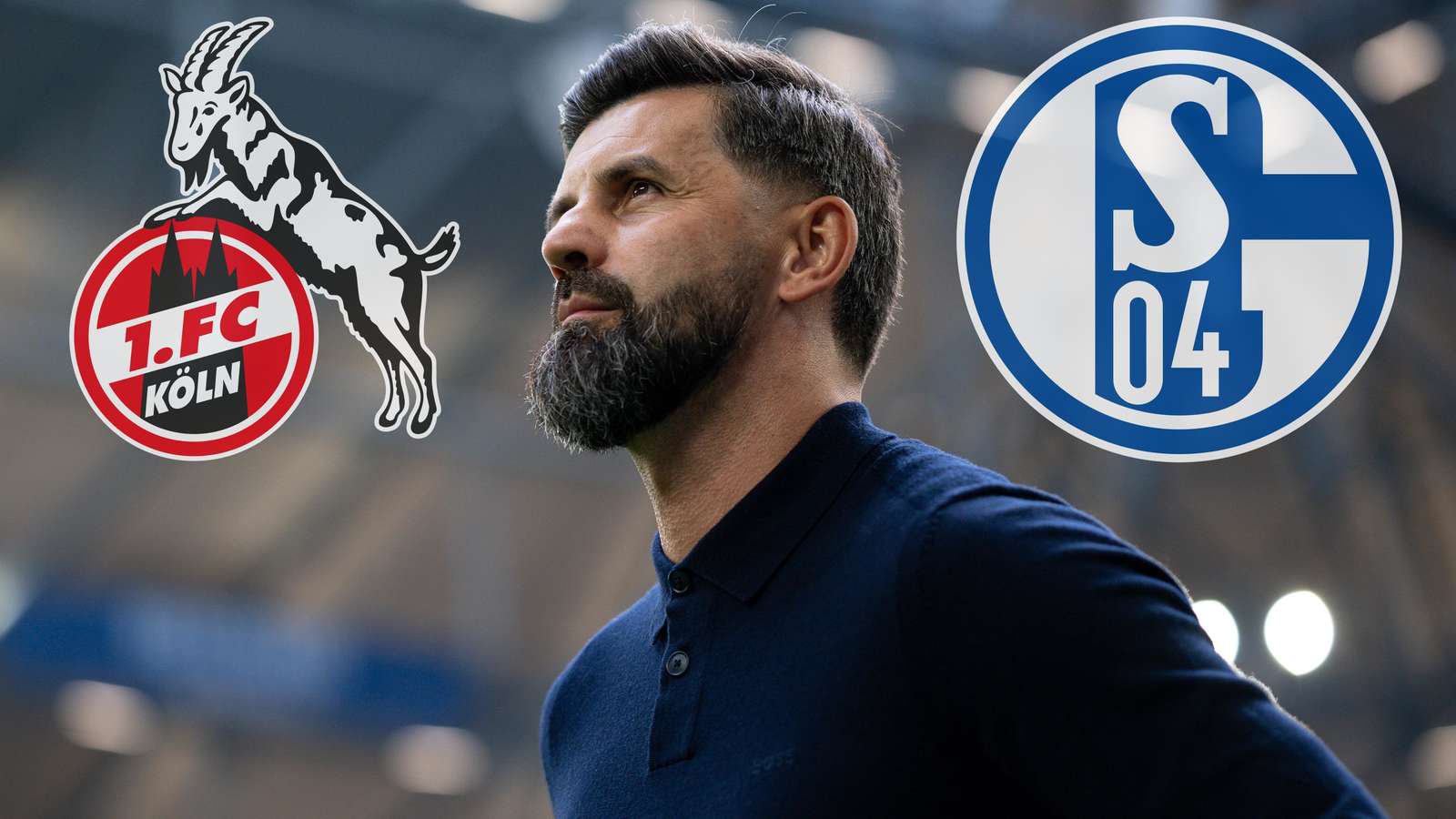 Miron Muslic zwischen den Vereinslogos des 1. FC Köln und FC Schalke 04.