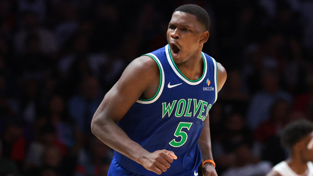 Oct 21, 2026; Miami, Florida, USA; Minnesota Timberwolves guard Anthony Edwards (5) reacts against the Miami Heat during the fourth quarter at Kaseya Center. Mandatory Credit: Sam Navarro-Imagn Images