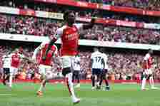 Arsenal's English midfielder #07 Bukayo Saka celebrates after scoring their second goal from the penalty spot during the English Premier League foo...