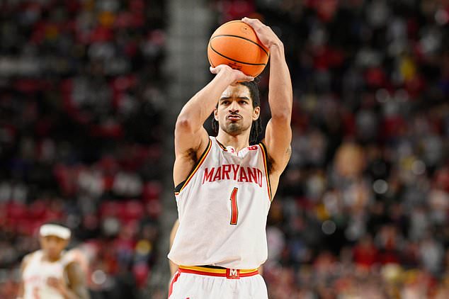 FILE - Maryland guard Rodney Rice (1) shoots a free throw during the second half of an NCAA college basketball game against Southern California, Feb. 20, 2025, in College Park, Md. (AP Photo/Nick Wass, File)
