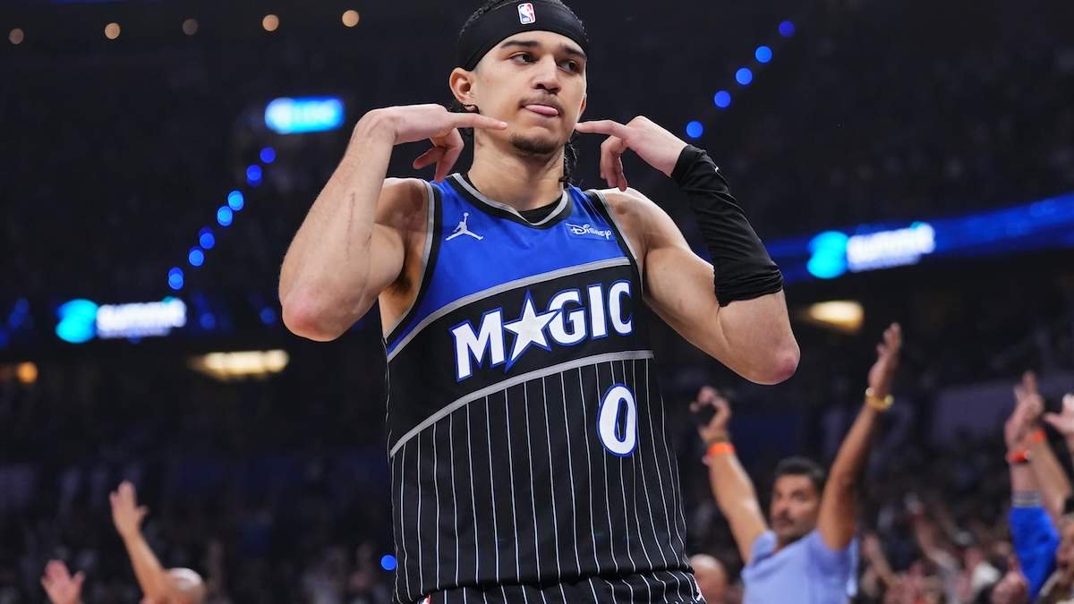 Anthony Black #0 of the Orlando Magic celebrates a basket