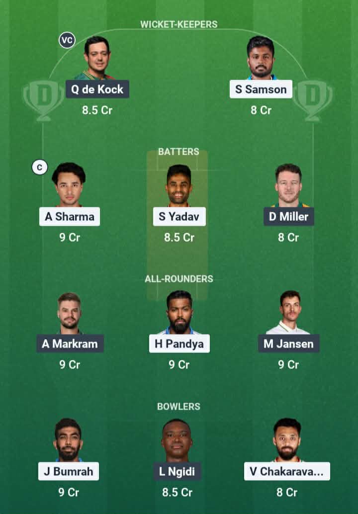 Screenshot from Dream11 app. Possible XIs, Fantasy Cricket Tips, Ahmedabad Pitch Report & Dream11 Prediction for IND vs SA 5th T20 2025 Today.