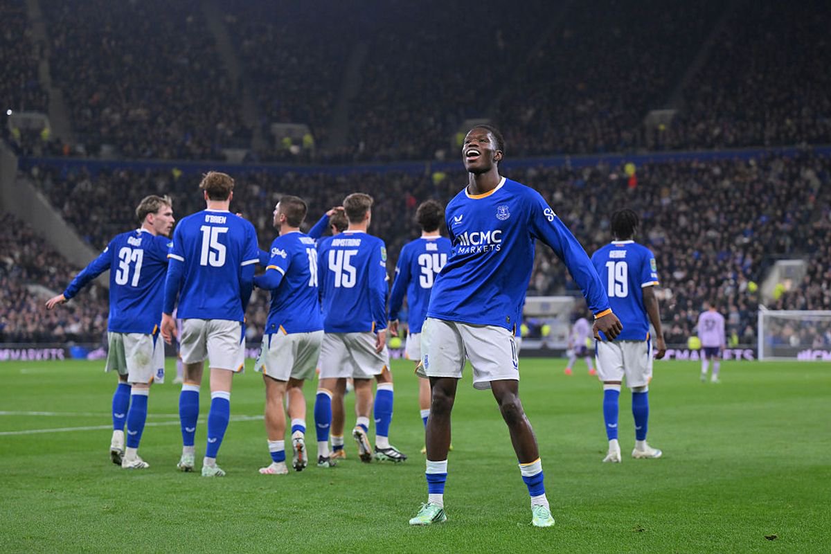 Thierno Barry celebrates Everton's third goal (Photo by Gary Oakley - Everton FC/Everton FC via Getty Images)