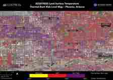 NASA’s ECOSTRESS instrument on June 19 recorded scorching roads and sidewalks across Phoenix where contact with skin could cause serious burns in minutes to seconds, as indicated in the legend above.