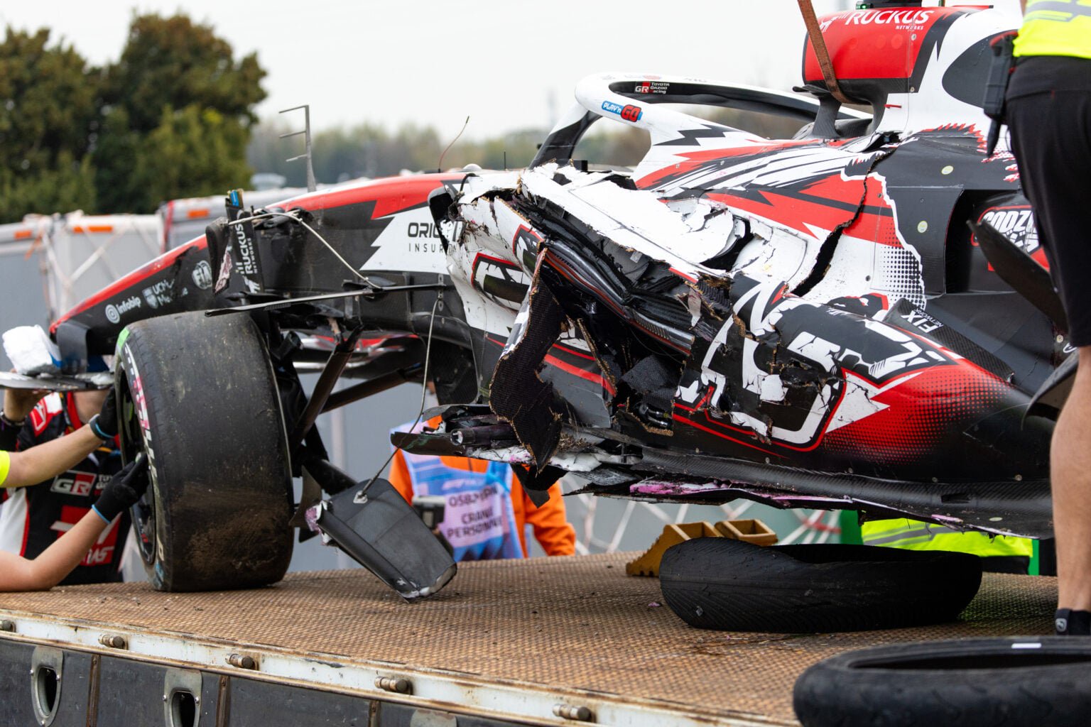 The damage to the Haas VF-26 of Oliver Bearman of Great Britain and Haas F1 Team following his crash during the F1 Grand Prix of Japan at Suzuka Circuit on March 29, 2026 in Suzuka, Japan.
