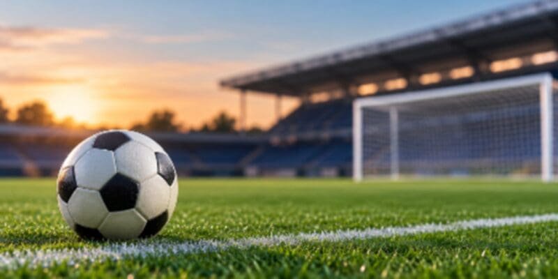 Football on grass beside an empty goal at sunset