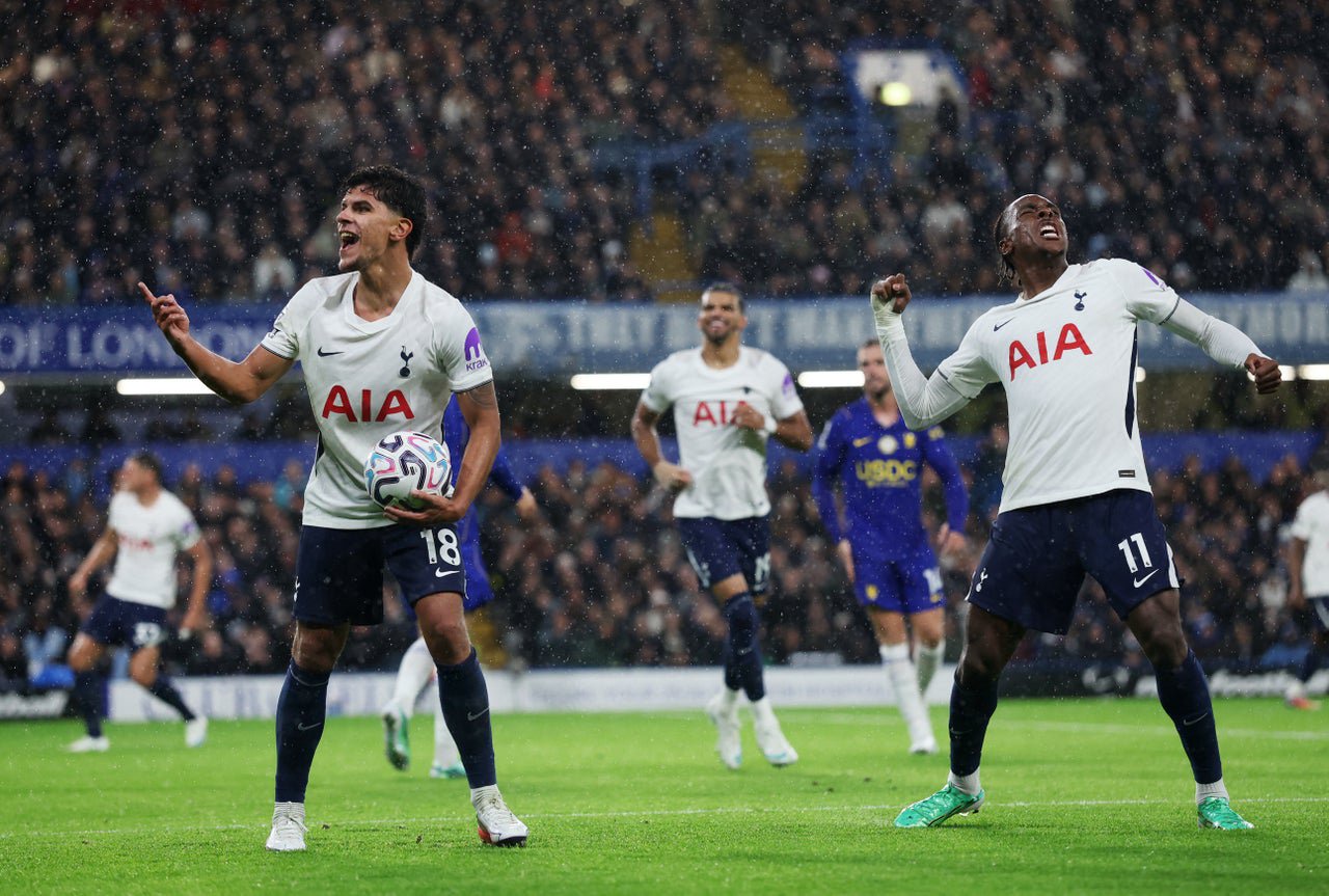 Mateus Fernandes and Mathys Tel celebrate after Tottenham's second goal (Reuters)