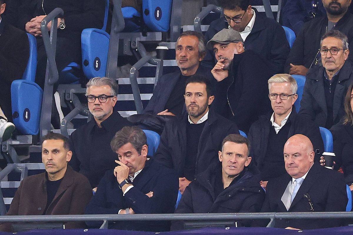 Pep Guardiola former head coach / manager of Manchester City reacts in the stands during the UEFA Champions League 2026/27 League Phase MD2 match between Manchester City and Paris Saint-Germain at City of Manchester Stadium