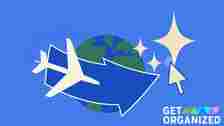 A graphical illustration of an airplane going around a globe; the name of the article column, Get Organized, is at lower right