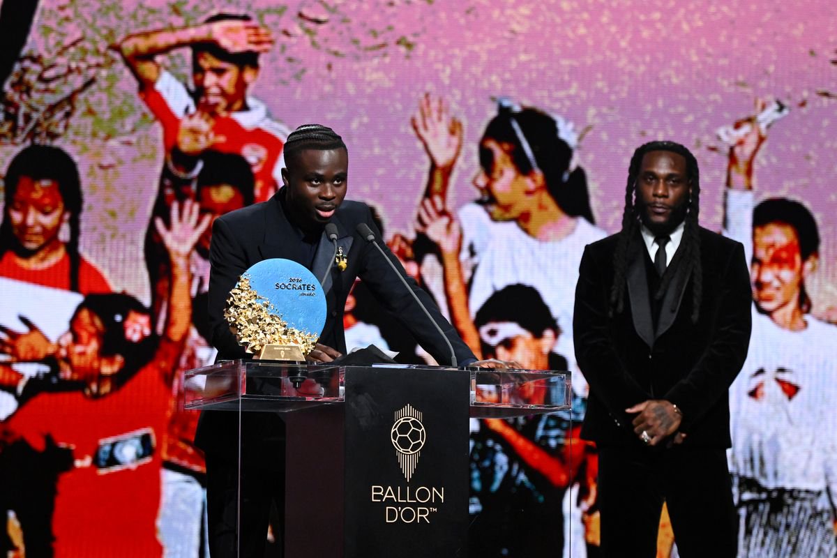 Bukayo Saka of Arsenal accepts the Socrates Award