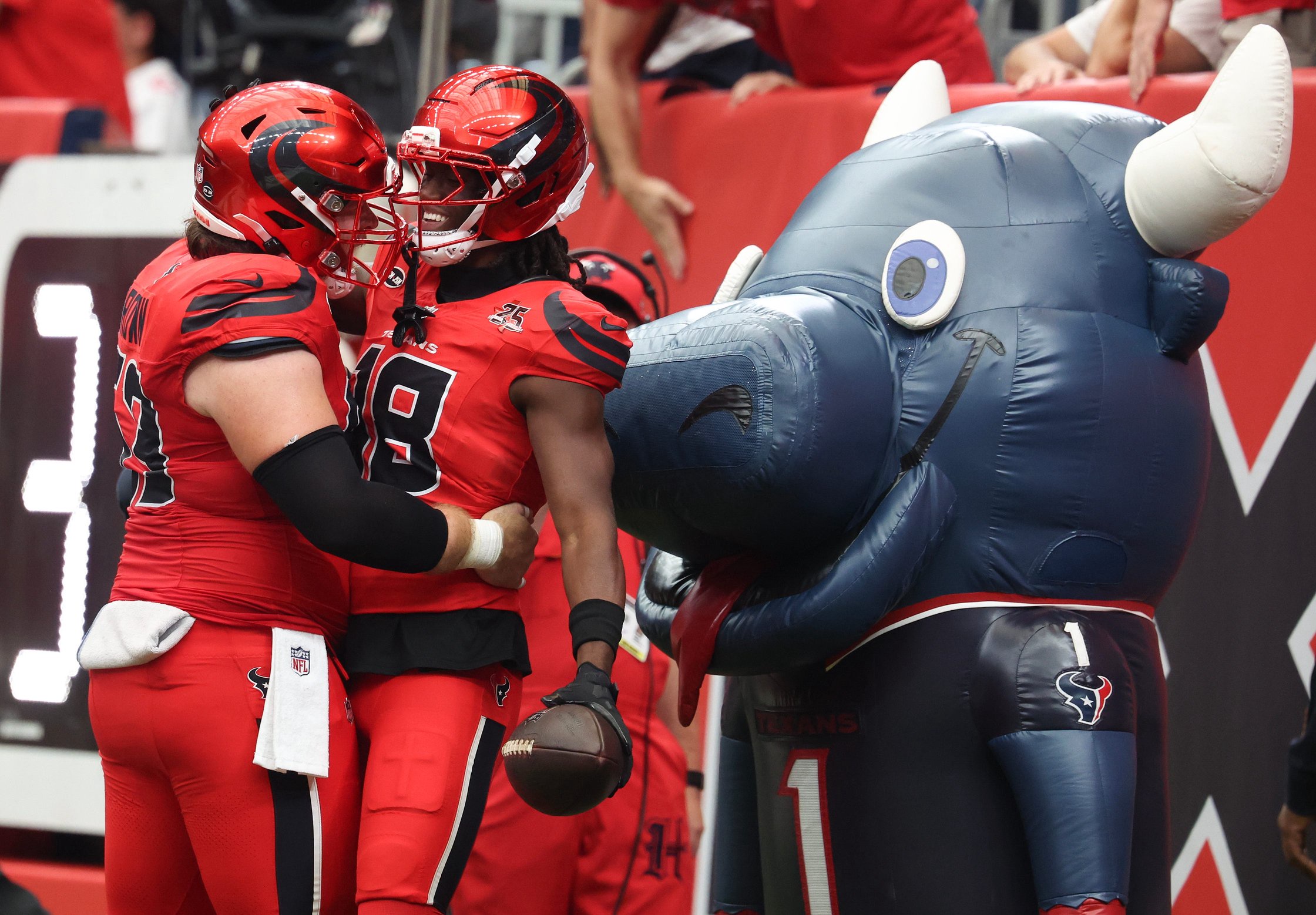 Oct 25, 2026; Houston, Texas, USA;  Houston Texans wide receiver Marvin Harrison Jr. (18) reacts to his touchdown against the New York Giants in the second quarter at Reliant Stadium.  Mandatory Credit: Thomas Shea-Imagn Images