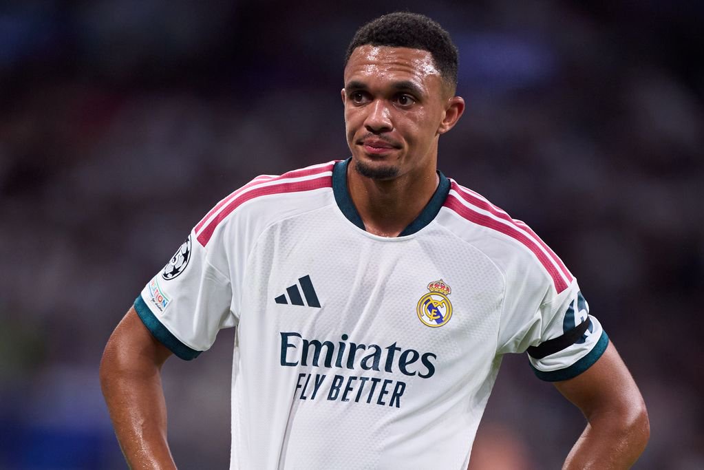 MADRID, SPAIN - SEPTEMBER 08: Trent Alexander-Arnold of Real Madrid C.F. looks on during the UEFA Champions League 2026/27 League Phase MD1 match between Real Madrid C.F. and FC Internazionale Milano at Estadio Santiago Bernabeu on September 08, 2026 in Madrid, Spain. (Photo by Mateo Villalba/Getty Images)