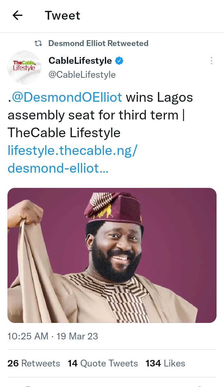 Mixed Reactions on Twitter After Desmond Elliot Wins Surulere Constituency 1 For The Third Time