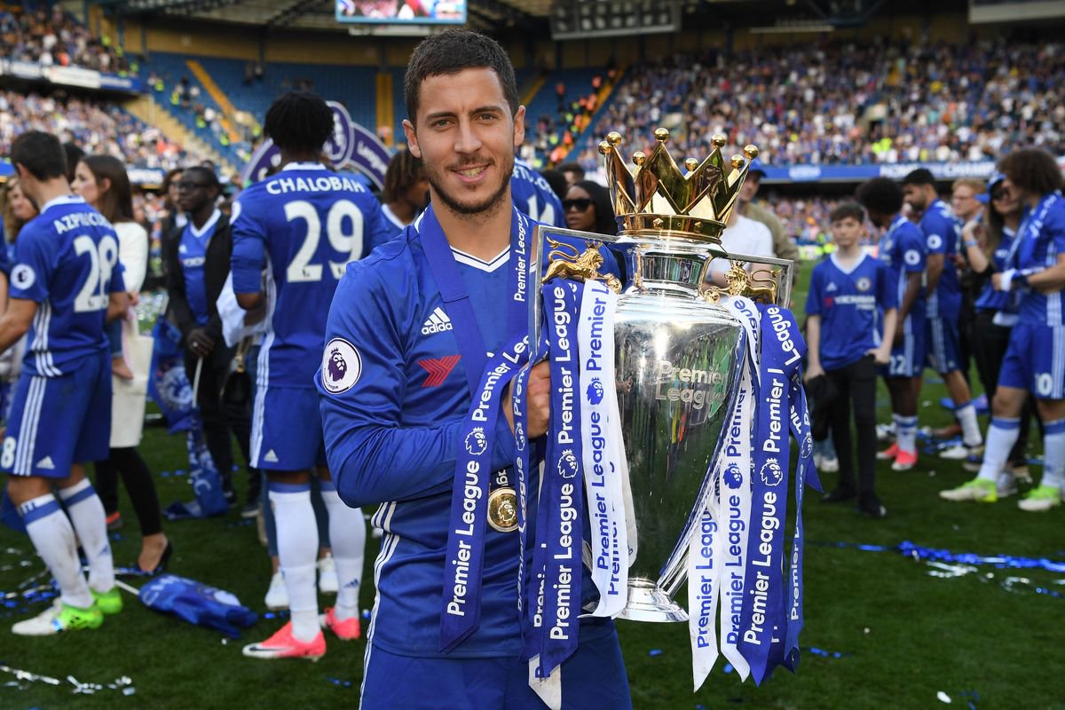 Eden Hazard of Chelsea poses with the Premier League Trophy